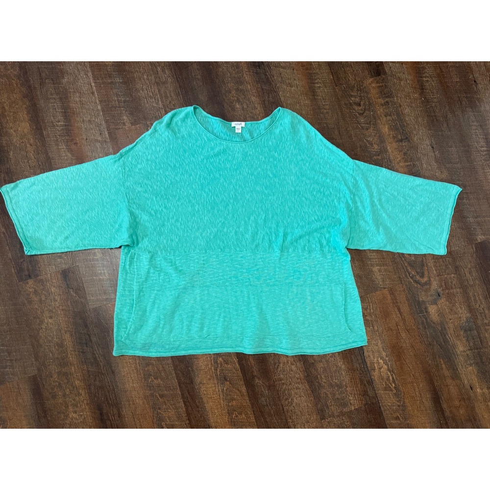 Pure Jill Linen Cotton Boxy Tunic Top L Aqua Raw Edge Pocket Oversized